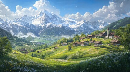 Fototapeta premium Traditional alpine village surrounded by blooming meadows and snowcapped mountains in the beautiful alps