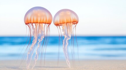 Two jellyfish glide gracefully through clear waters, their translucent bodies reflecting soft pink hues against the serene ocean backdrop.