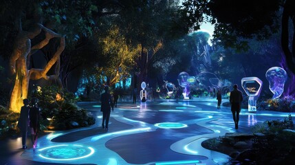 Futuristic park revealing advanced technology and vibrant plants during twilight