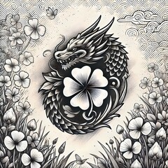 Black and white tattoo of clover, dragon
