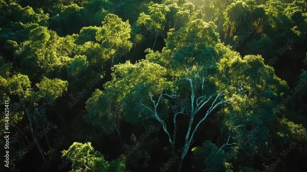 Aufkleber aerial view of lush green forest showcasing sunlight filtering through tree canopies in a tranquil n