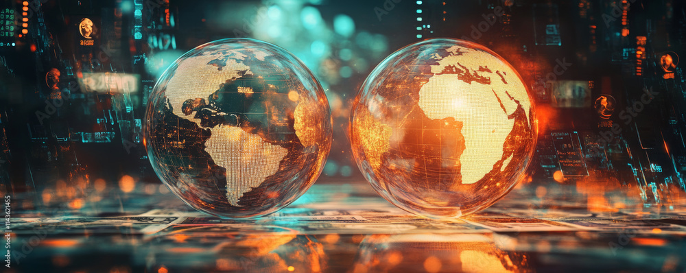 Sticker two abstract glowing globes representing earth, surrounded by digital elements and data streams, cre