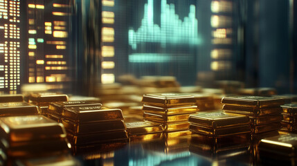 Obraz premium Stacks of gold bars on reflective surface with glowing elements create luxurious atmosphere. shimmering gold reflects wealth and prosperity in modern setting