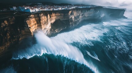 Dramatic aerial view of waves crashing against cliffs along a rugged coastline