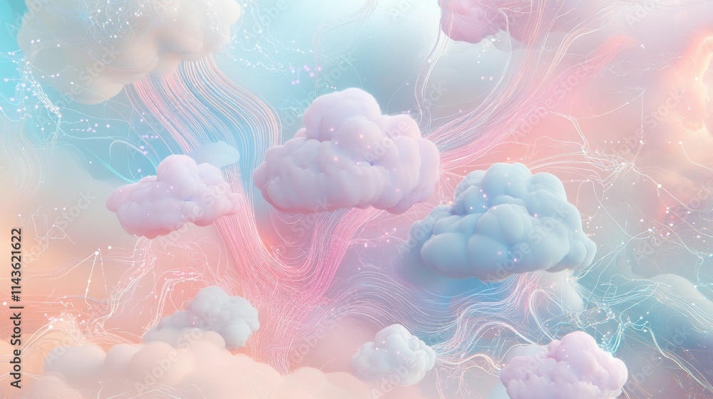 Poster exploring innovative concepts in cloud computing through abstract visualizations and vibrant colors