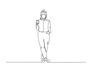 Continuous line drawing art of fashion model wear jacket in winter season. Fashion concept single line illustration.