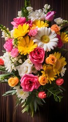 Vibrant Blossom: An Artistic Arrangement of Fresh Roses, Tulips, Daisies with Rustic Background