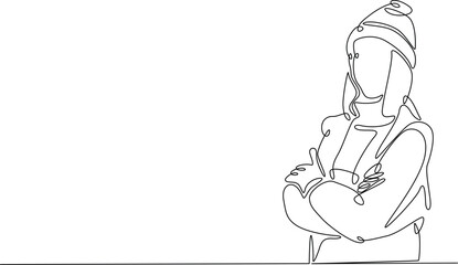 Continuous line drawing art of fashion model wear jacket in winter season. Fashion concept single line illustration.
