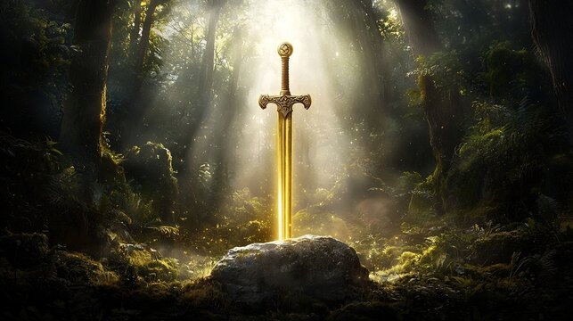 A majestic golden sword embedded in a glowing stone its radiance piercing through the darkness of an ancient forest exuding an aura of enchantment and mystique