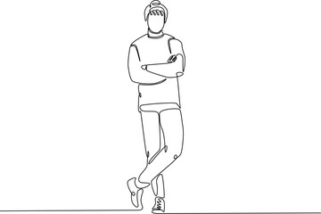 Continuous line drawing art of fashion model wear jacket in winter season. Stylish guy wearing casual outfit in single line illustration.