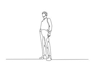 Continuous line drawing art of fashion model wear jacket in winter season. Stylish guy wearing casual outfit in single line illustration.