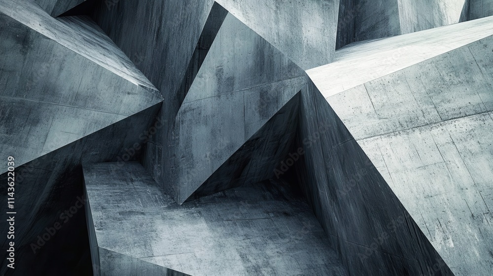 Poster Abstract composition of overlapping geometric shapes in a modern architectural space with textured surfaces
