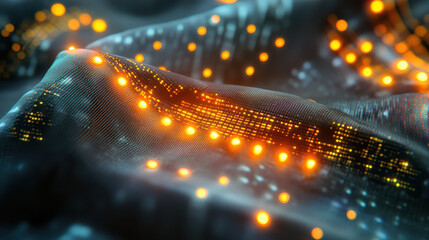Abstract Digital Wave Data Flow glowing orange lights