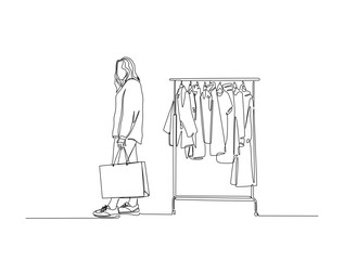 Continuous line drawing art of pretty woman holding paper bags after shopping. Fashion and shopping concept in single line illustration.