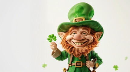 Smiling leprechaun holding shamrock on white background