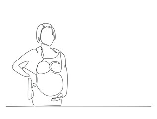 Continuous line drawing art of beautiful pregnant woman stand and holding her belly. woman and mother day concept.