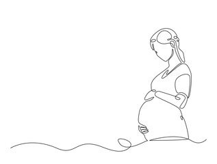 Continuous line drawing art of beautiful pregnant woman stand and holding her belly. woman and mother day concept.