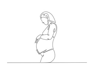 Continuous line drawing art of beautiful pregnant woman stand and holding her belly. woman and mother day concept.