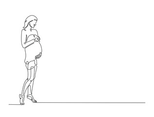 Continuous line drawing art of beautiful pregnant woman stand and holding her belly. woman and mother day concept.