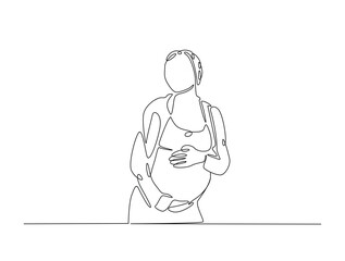 Continuous line drawing art of beautiful pregnant woman stand and holding her belly. woman and mother day concept.