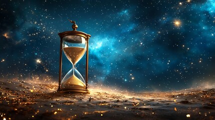 Ethereal hourglass filled with shimmering golden sand as time trickles slowly into an ocean of stars symbolizing the inevitability of cosmic destiny