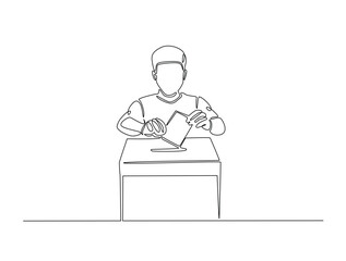Continuous line drawing art of male voter placing ballot in ballot box polling place, election day concept.