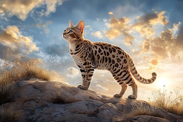Fototapeta premium Bengal cat poses majestically on rocky outcrop at sunset nature photography scenic view