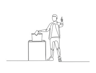 Continuous line drawing art of male voter placing ballot in ballot box polling place, election day concept.