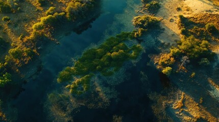 Fototapeta premium Vibrant aerial view of the Okavango Delta showcasing lush greenery and winding waterways at sunrise