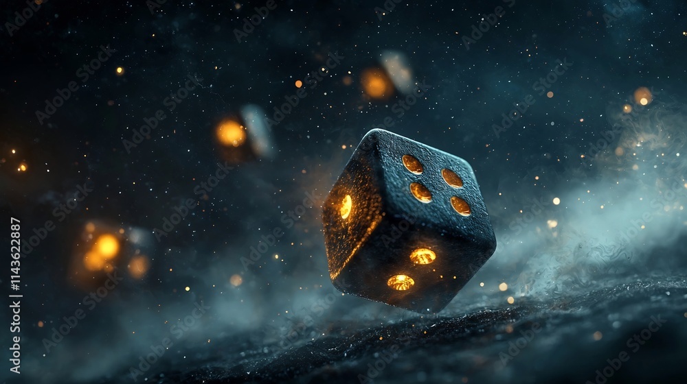 Poster captivating image of a pair of dice suspended in midair glowing with radiant light as they roll over