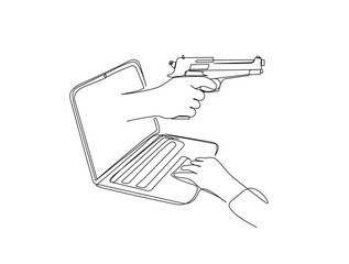 Continuous line drawing art of hand holding gun coming out from the laptop or notebook screen. computer attacks concept.