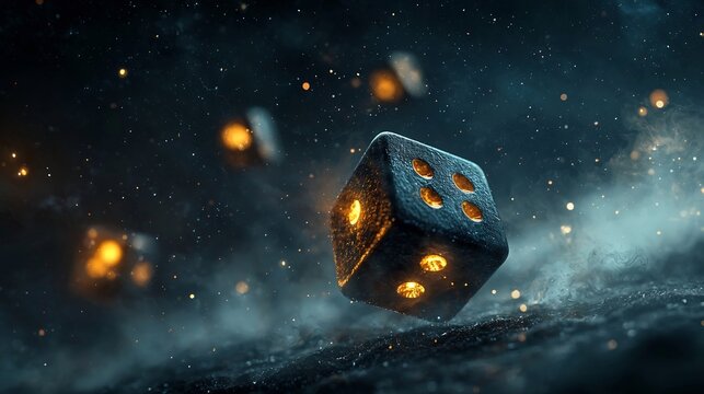 Captivating image of a pair of dice suspended in midair glowing with radiant light as they roll over a cosmic backdrop symbolizing the unpredictable nature of fate and the mysteries of the universe