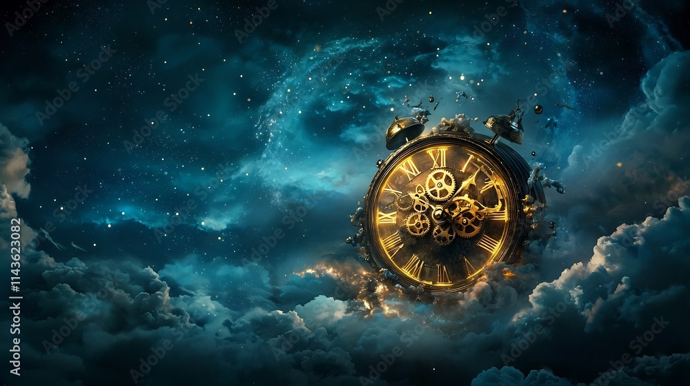 Wall mural a captivating celestial clock with glowing golden gears suspended in the night sky symbolizing the i