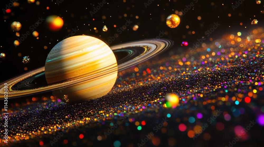 Poster Surreal depiction of a ringed planet floating amidst colorful cosmic elements in a vast space environment
