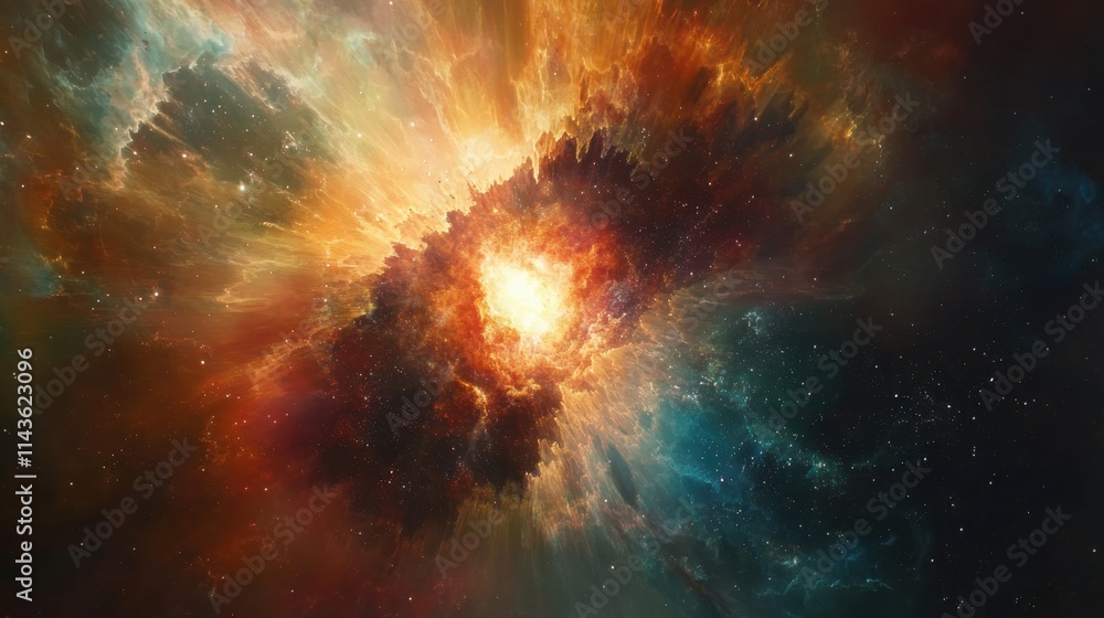 Poster surreal depiction of a vibrant supernova explosion illuminating the cosmic landscape in a kaleidosco