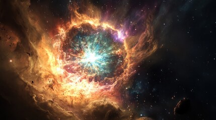 Surreal depiction of a supernova explosion surrounded by vibrant cosmic colors and star formations