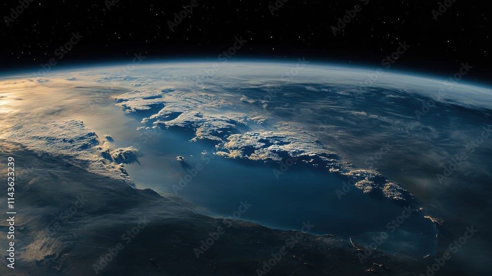 Poster stunning view of earth highlighting land and ocean with clouds above during daylight from the perspe