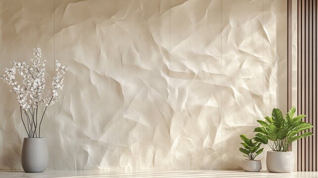 Crumpled paper texture enhances minimalistic interior design with potted plants and decorative flowers