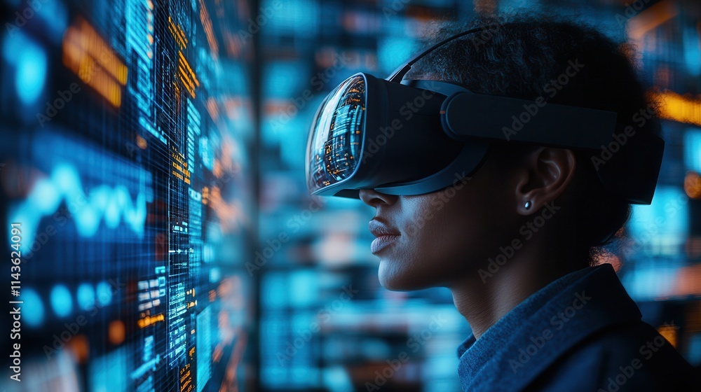 Aufkleber a woman wearing a vr headset explores a digital environment filled with glowing data visuals and cha