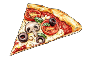 a slice of pizza with tomato. mushroom. and olive toppings