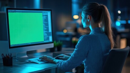 Young Woman Working Late at Night on Computer with Green Screen