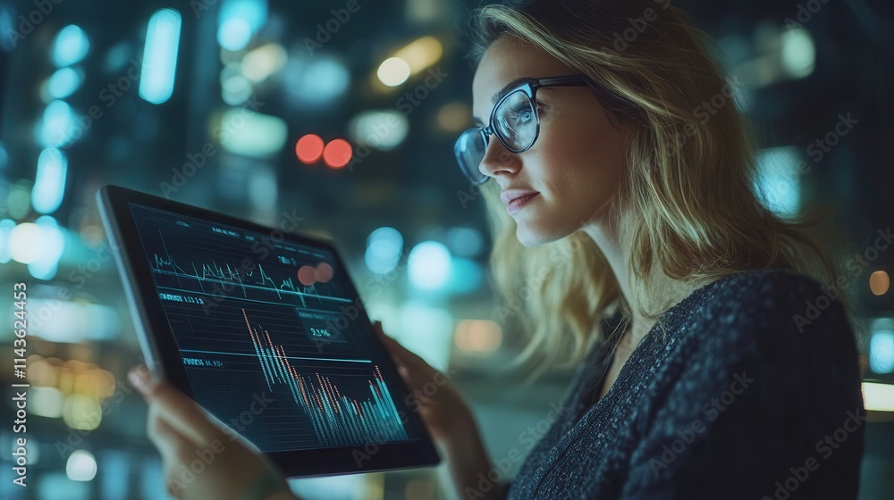 Poster a woman analyzes data on a tablet in a modern, illuminated environment, showcasing a blend of techno
