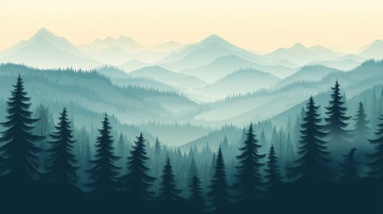 Fototapeta premium Misty mountain forest layered pine silhouettes ethereal landscape