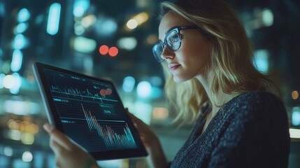 A woman analyzes data on a tablet in a modern, illuminated environment, showcasing a blend of technology and financial insights.