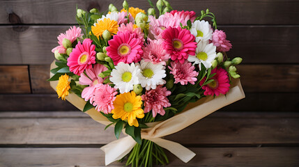 Fototapeta premium Vibrant Blossom: An Artistic Arrangement of Fresh Roses, Tulips, Daisies with Rustic Background