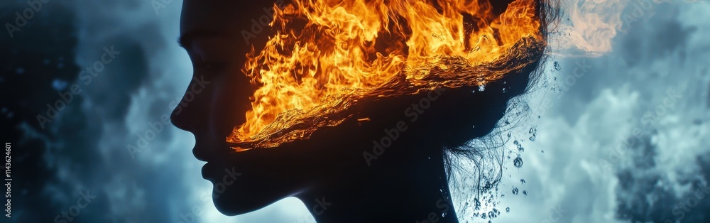 Aufkleber powerful silhouette of a face with a striking fire element and water blending at dusk