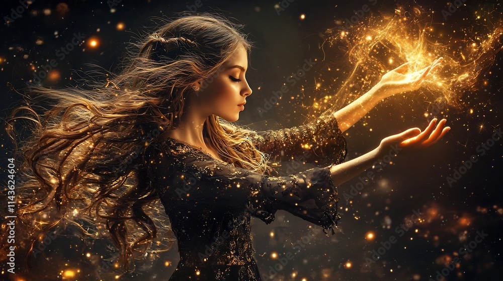 Poster a celestial goddess weaving threads of golden light into a starry tapestry symbolizing the creation 