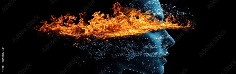 Aufkleber silhouette of a face emerging from a roaring fire with smoke and sparks against a dark background du