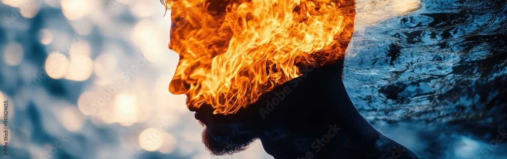 Poster Silhouette of a face with a roaring fire blending into the background creating an intense visual effect at dusk