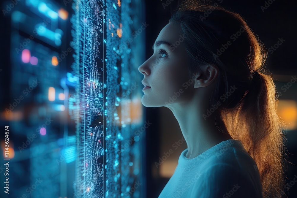 Poster a woman gazes thoughtfully at a glowing data server, immersed in a digital environment that highligh
